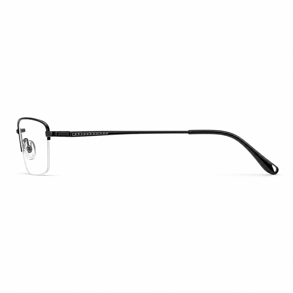 Black men's pure titanium semi-rimless glasses, side and temple product view