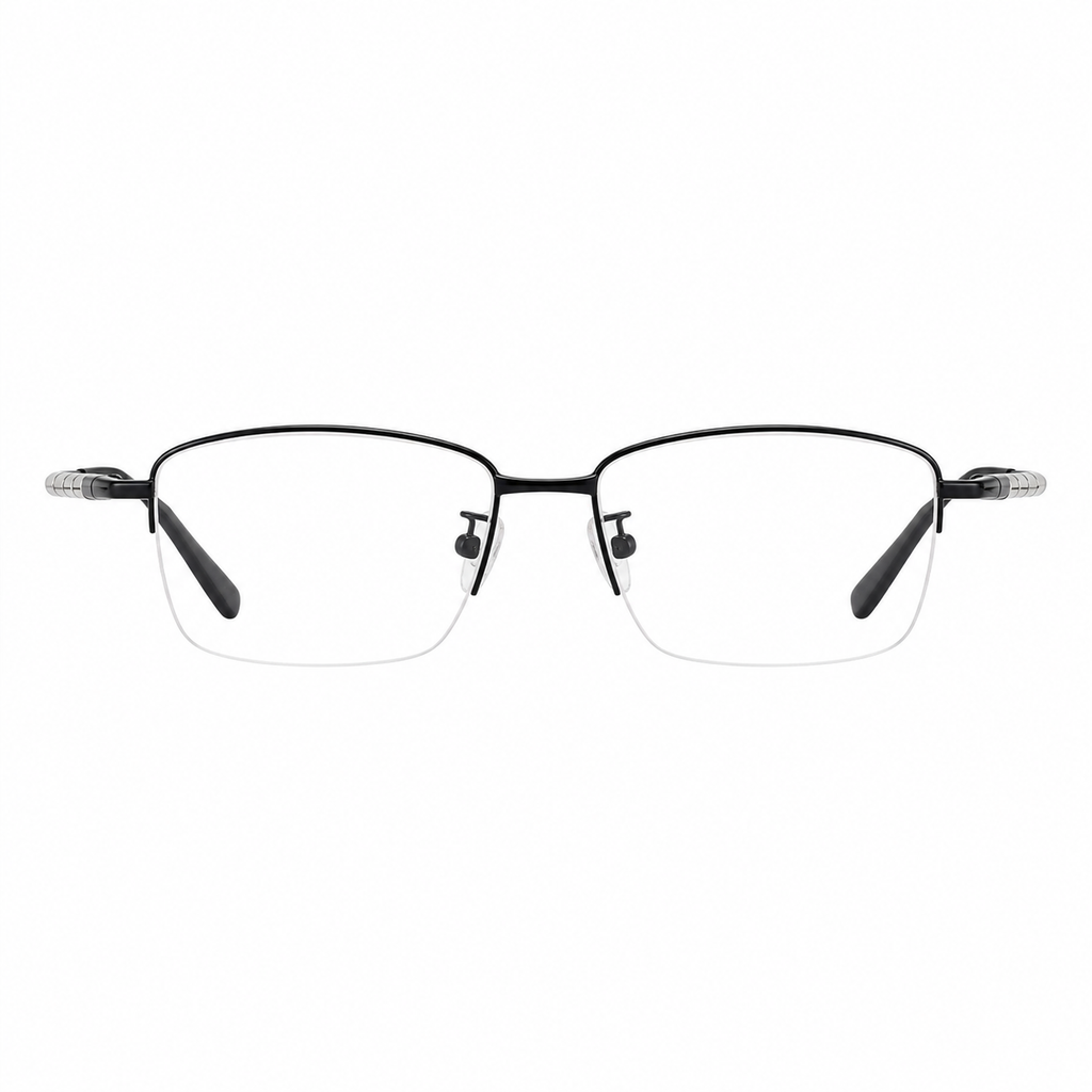 Black men's semi-titanium rectangular semi-rimless glasses, front product view