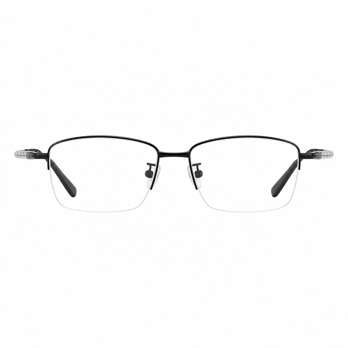 Black men's semi-titanium rectangular semi-rimless glasses, front product view