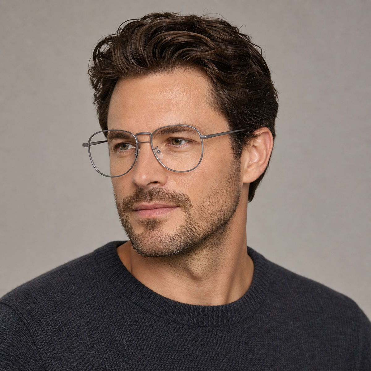 Gray men's retro oversized alloy full-rim glasses, worn by an adult White man
