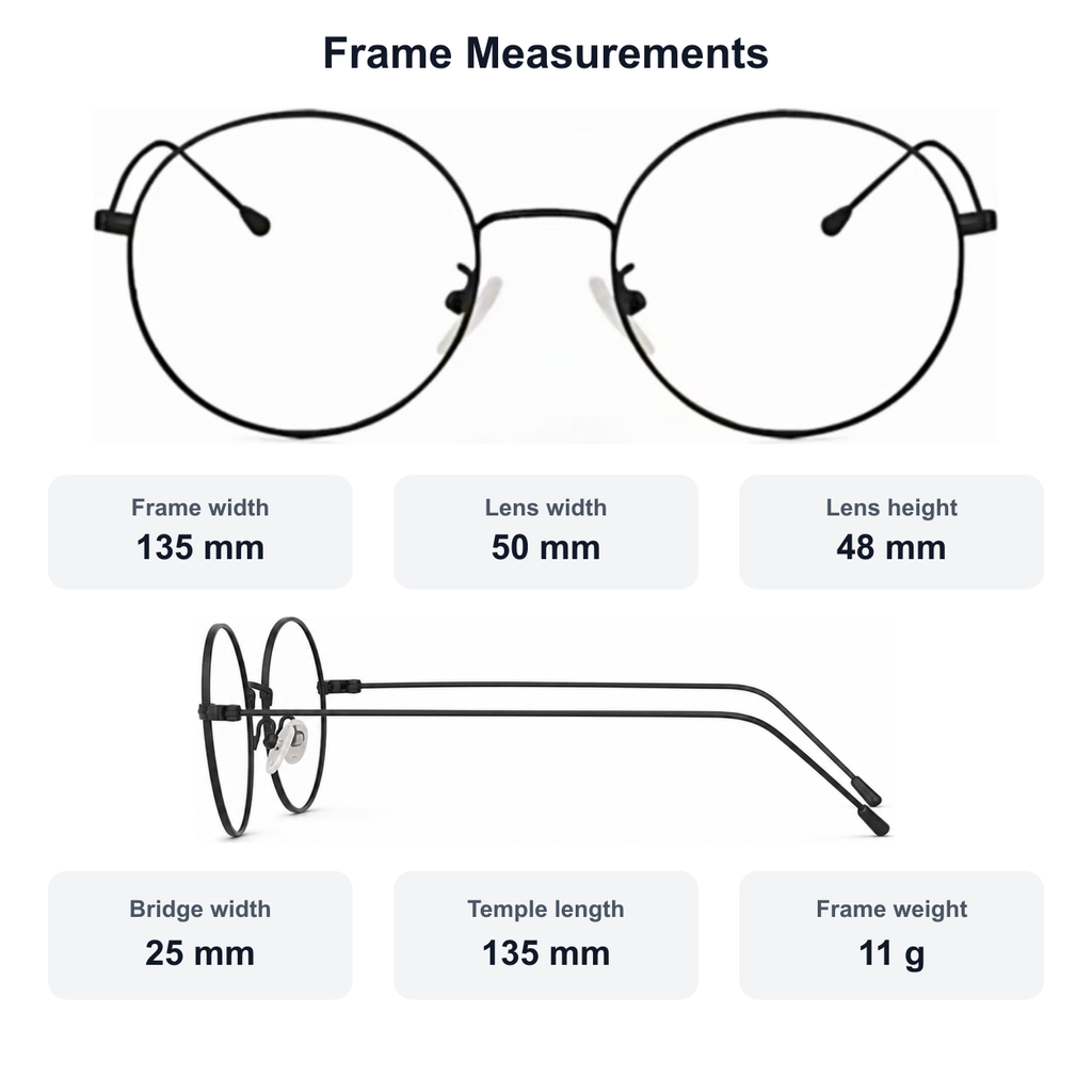 Men's retro slim alloy round glasses measurement guide: 135 mm frame, 50 mm lens, 11 g weight