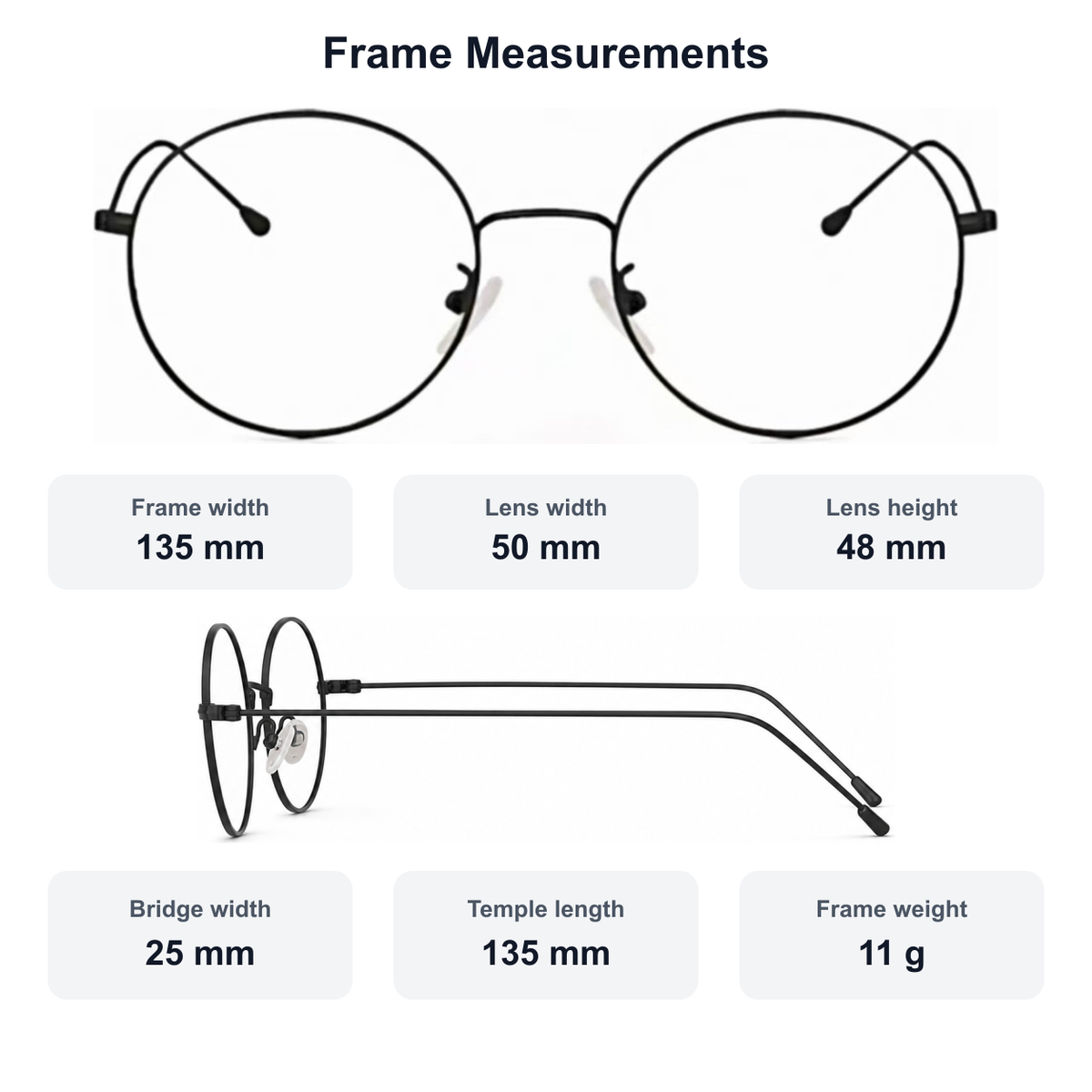 Men's retro slim alloy round glasses measurement guide: 135 mm frame, 50 mm lens, 11 g weight