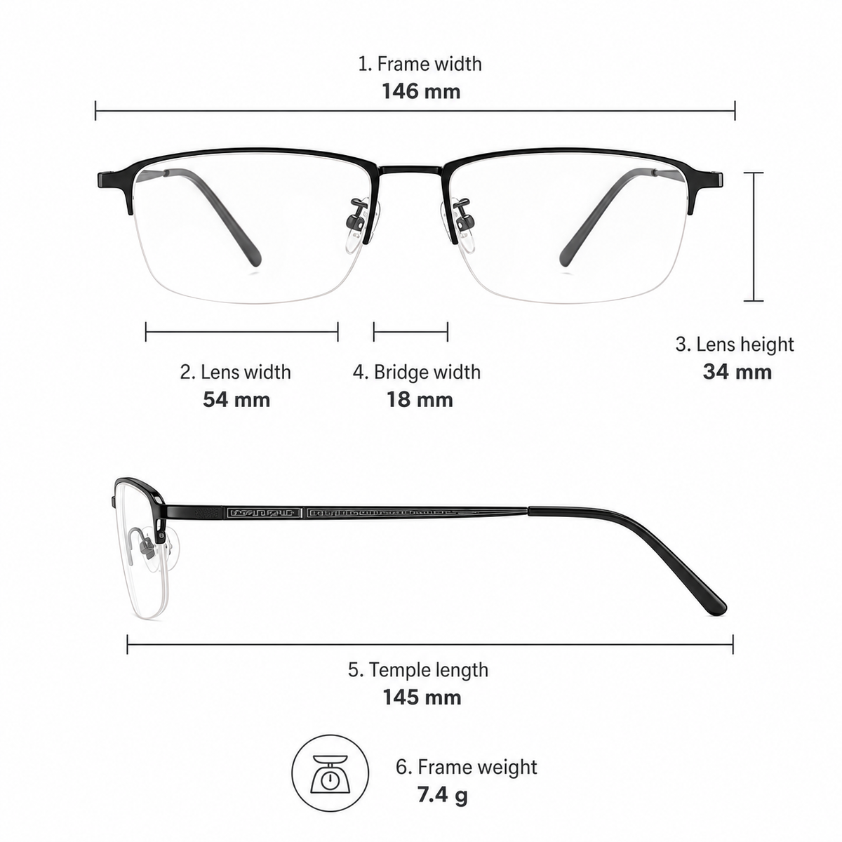 Men's semi-titanium semi-rimless frame measurement guide: 146 mm frame, 54 mm lens and 7.4 g weight