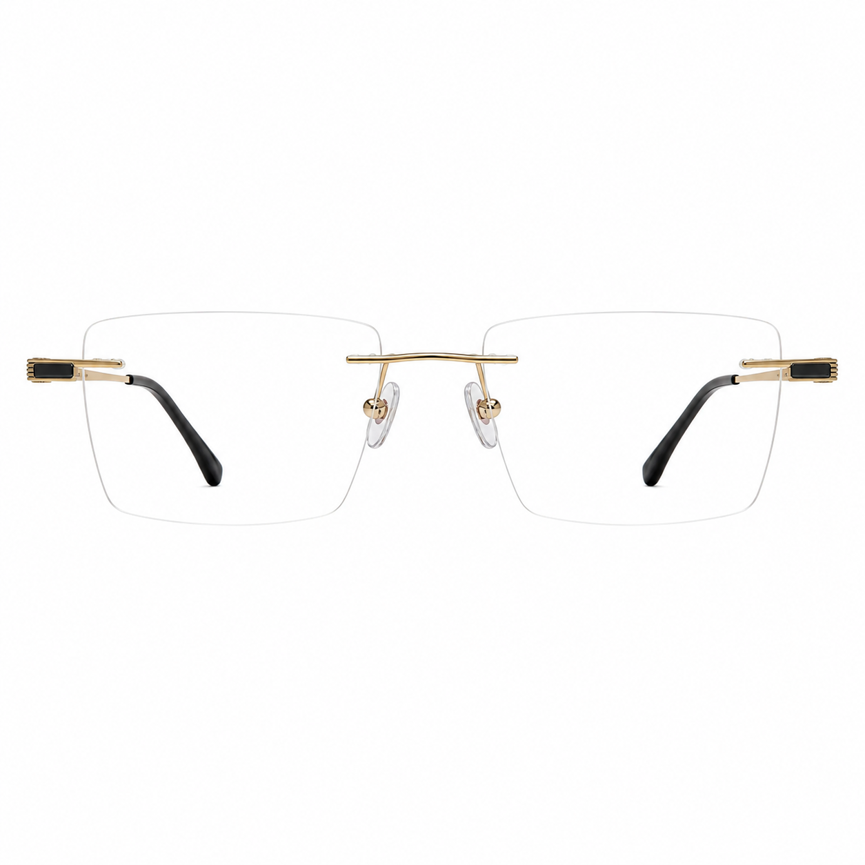 Gold men's titanium rimless rectangular glasses, front product view