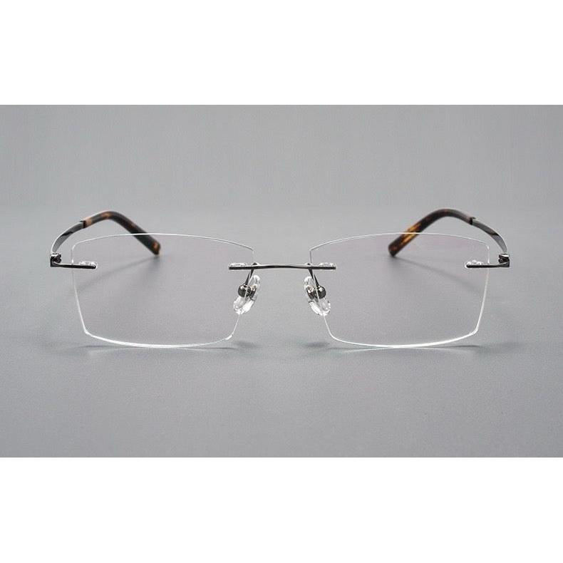 Gunmetal men's titanium rimless rectangular glasses, front product view