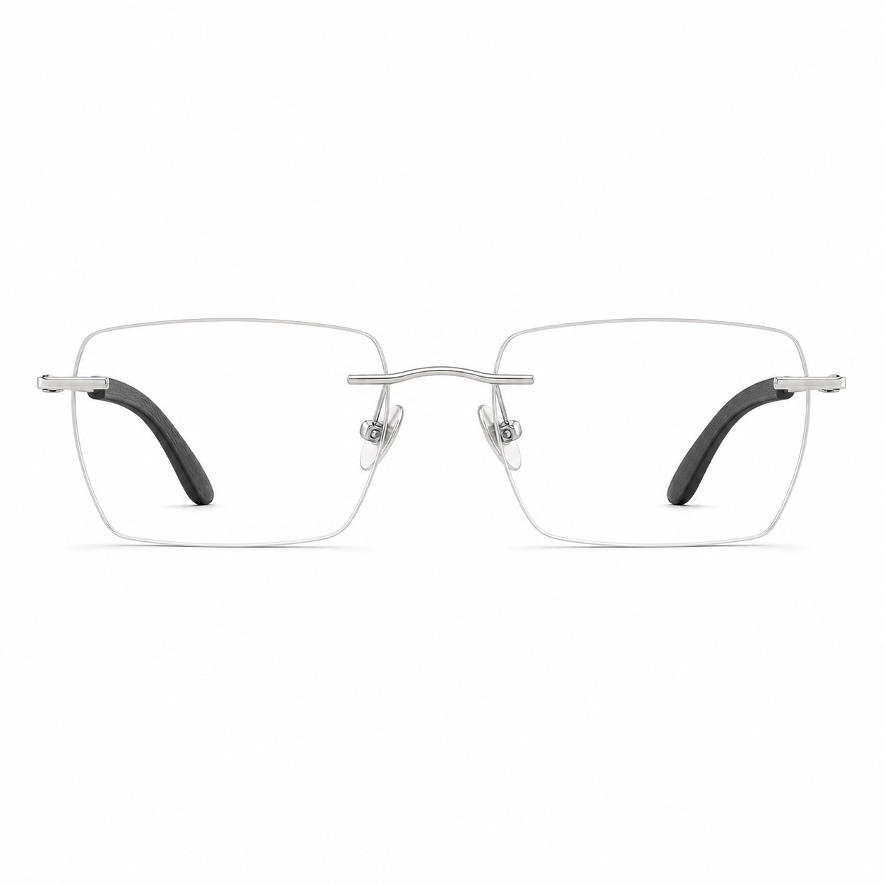 Silver men's vintage rimless rectangular glasses, front product view