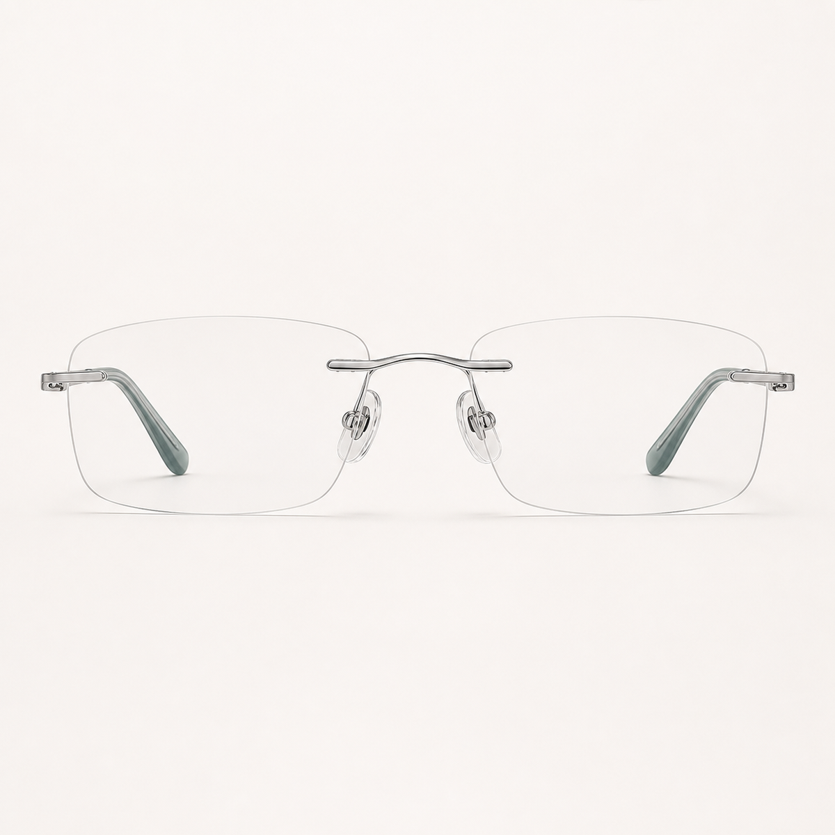 Silver titanium rimless slim rectangular eyeglasses, straight-on product view