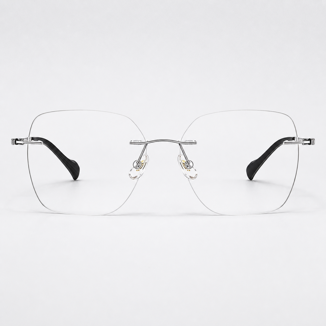 Silver pure titanium rimless soft-square eyeglasses, straight-on product view