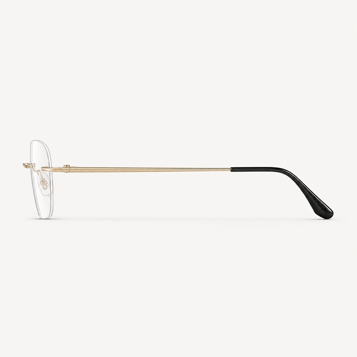 Gold titanium rimless deep soft-square eyeglasses, side-profile product view
