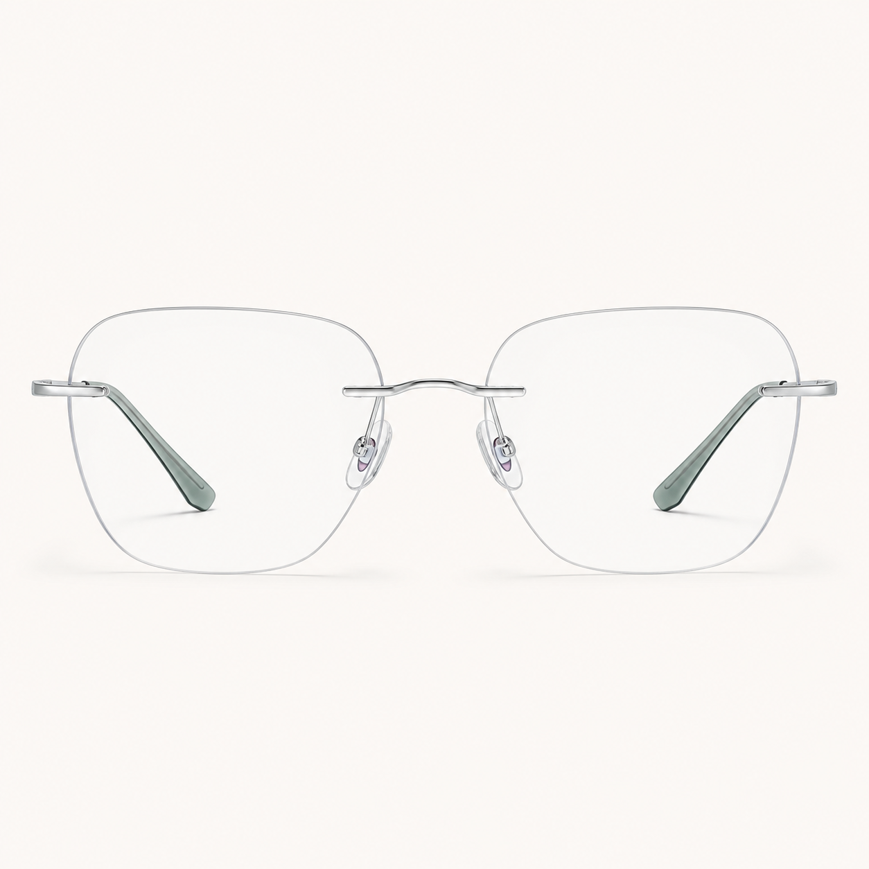 Silver titanium rimless deep soft-square eyeglasses, straight-on product view