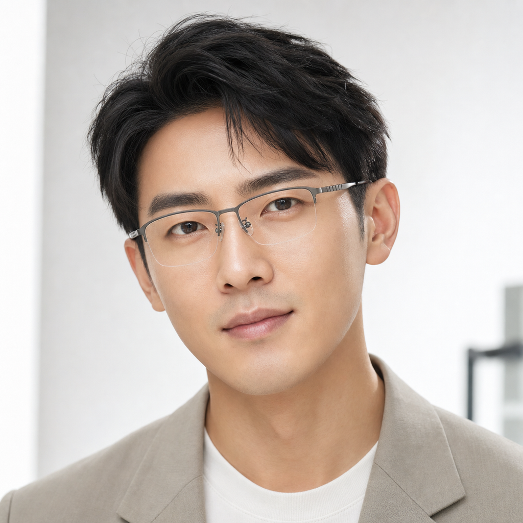 Gunmetal eyeglass frame worn by an adult model, view 1