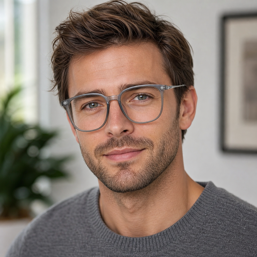 Silver Gray eyeglass frame worn by an adult model, view 2