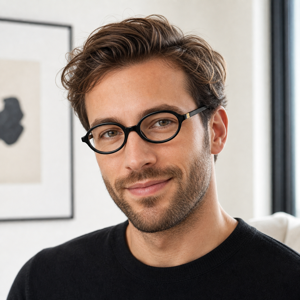 Glossy Black eyeglass frame worn by an adult model, view 2