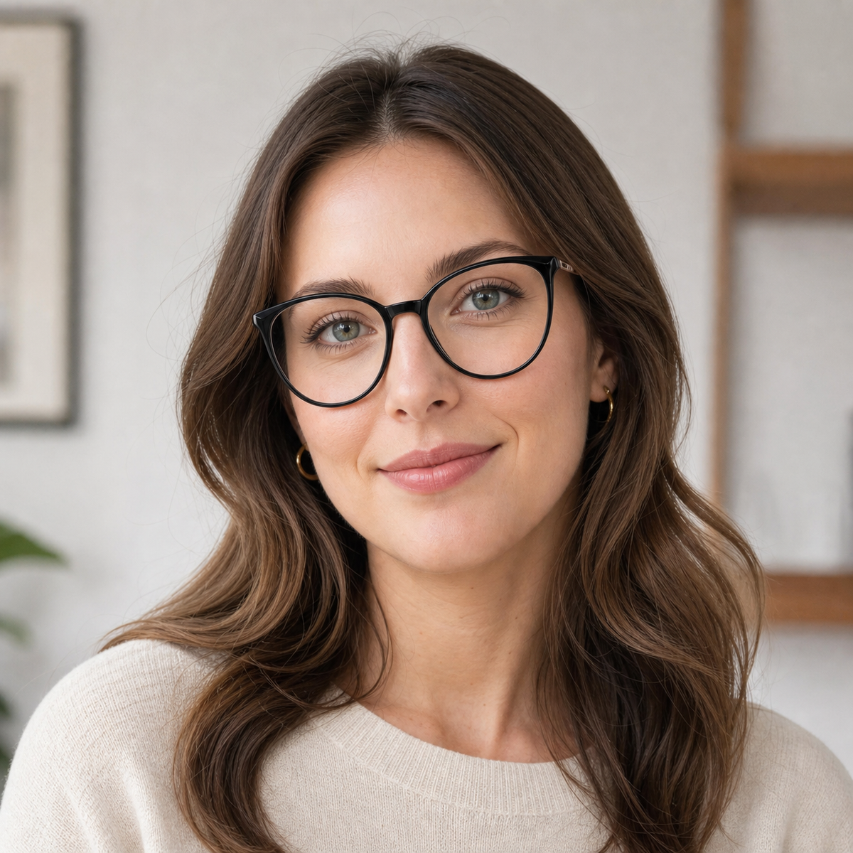 Glossy Black eyeglass frame worn by an adult model, view 2