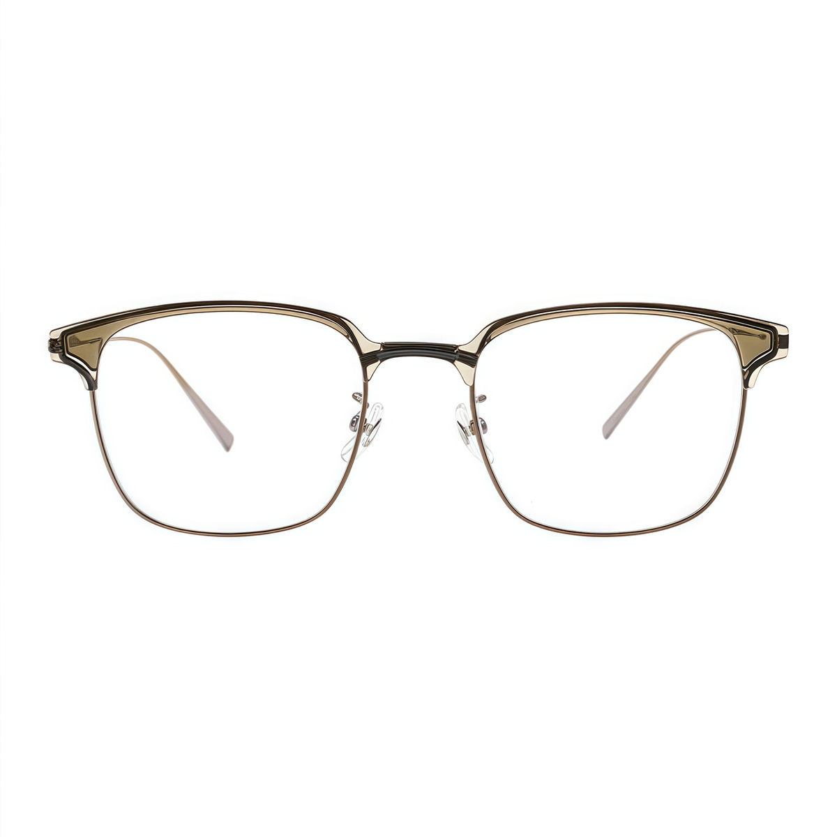 Olive Green/Gold classic avant-garde angular semi-rimless browline glasses, front product view