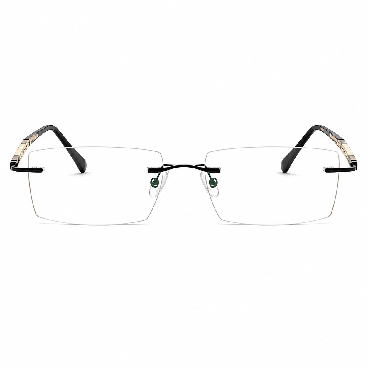 Black and Gold unisex alloy rimless rectangular segmented-temple glasses, front product view