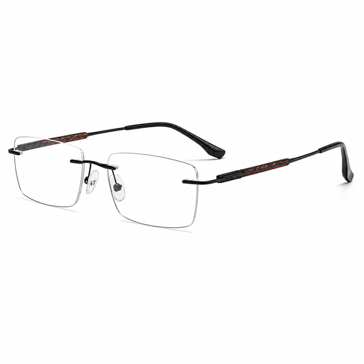 Black men's alloy rimless rectangular inlay-temple glasses, 45-degree product view