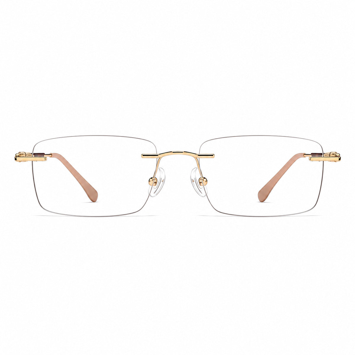 Gold men's alloy rimless rectangular inlay-temple glasses, front product view