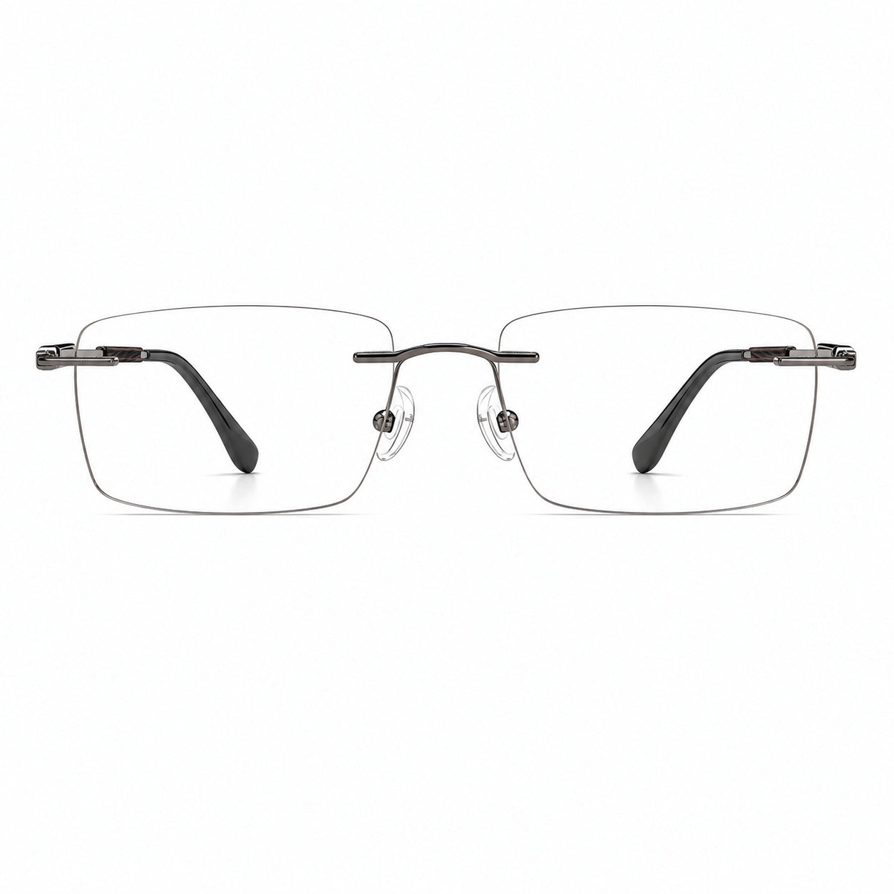 Gunmetal men's alloy rimless rectangular inlay-temple glasses, front product view