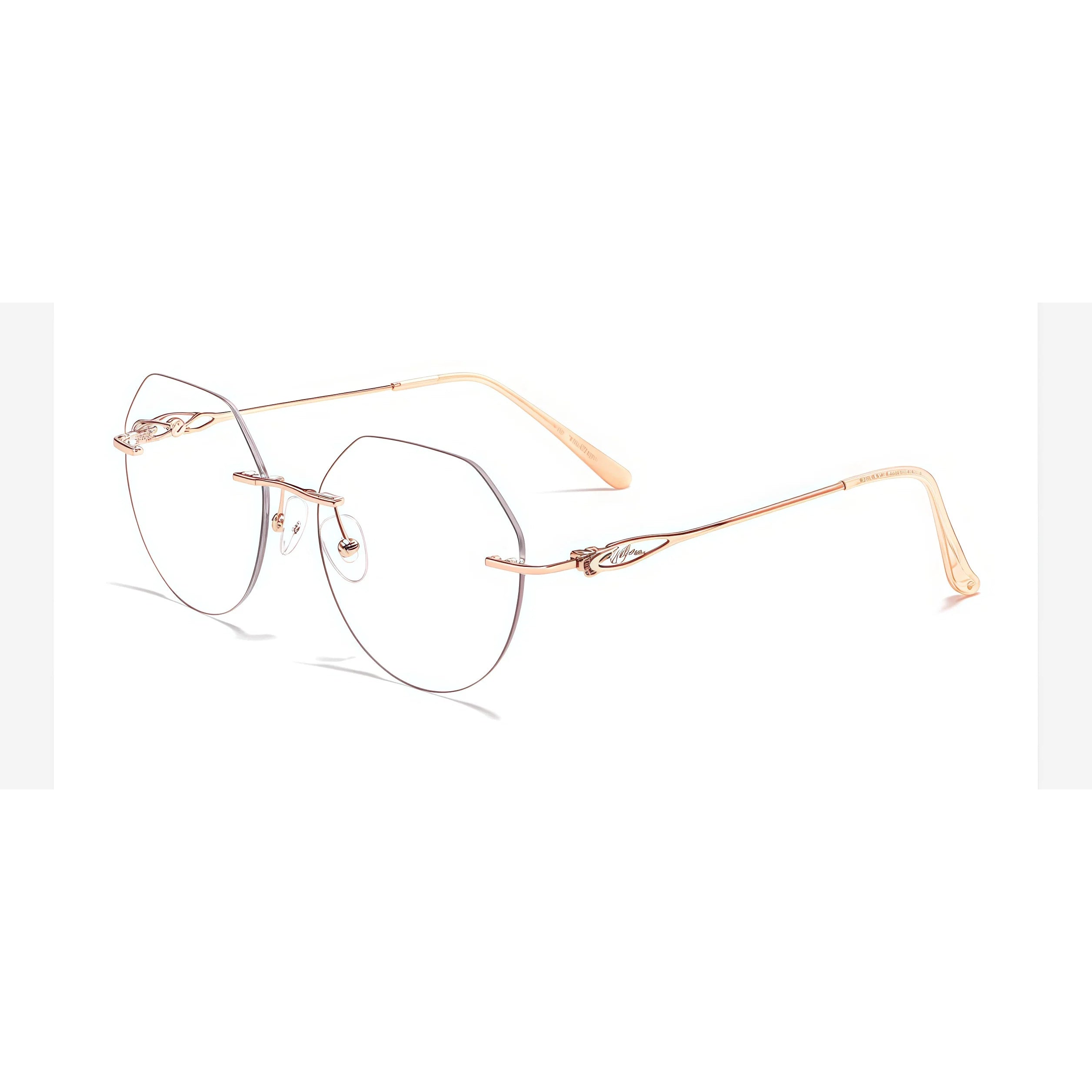 Rose Gold women's alloy rimless geometric filigree-temple glasses, 45-degree product view