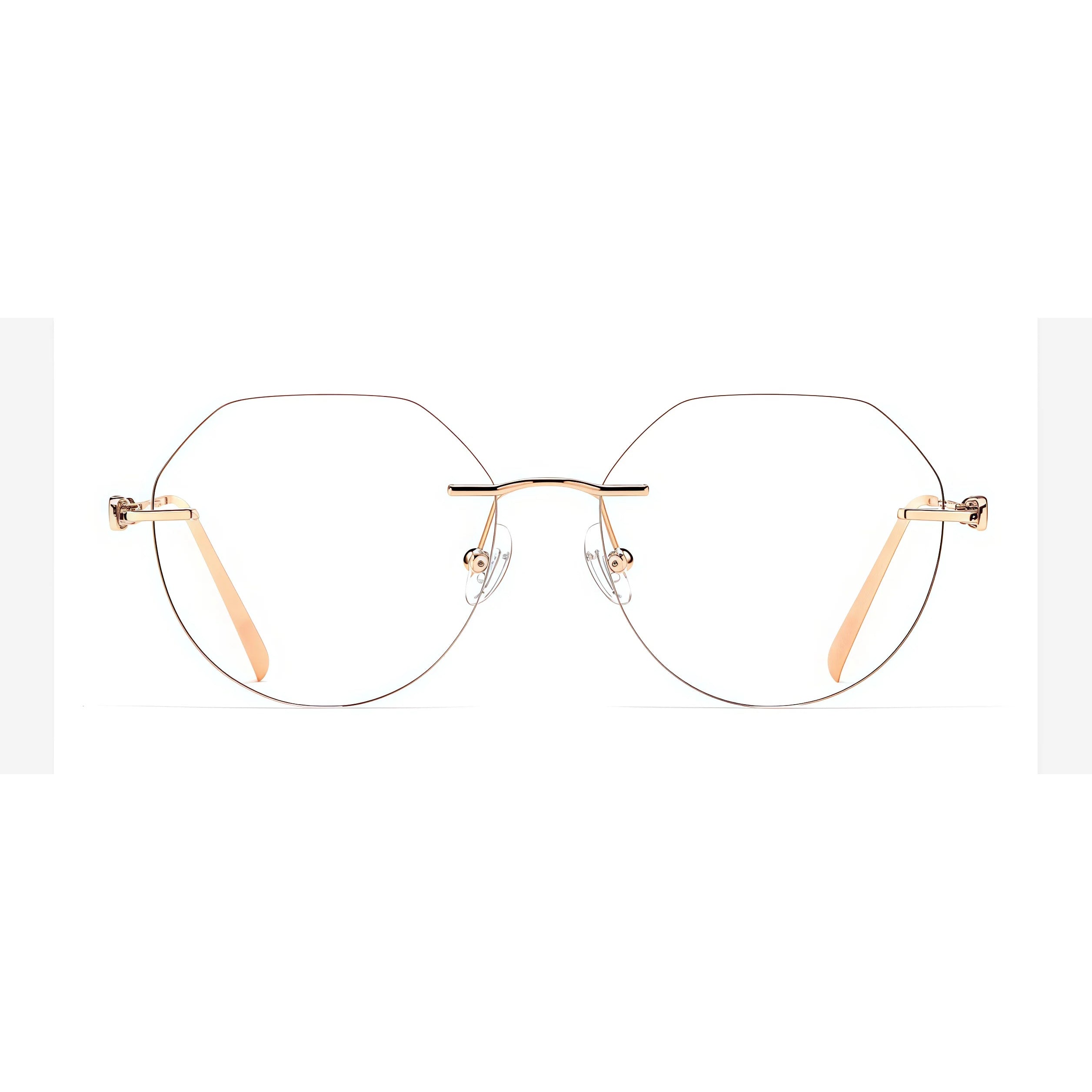 Rose Gold women's alloy rimless geometric filigree-temple glasses, front product view