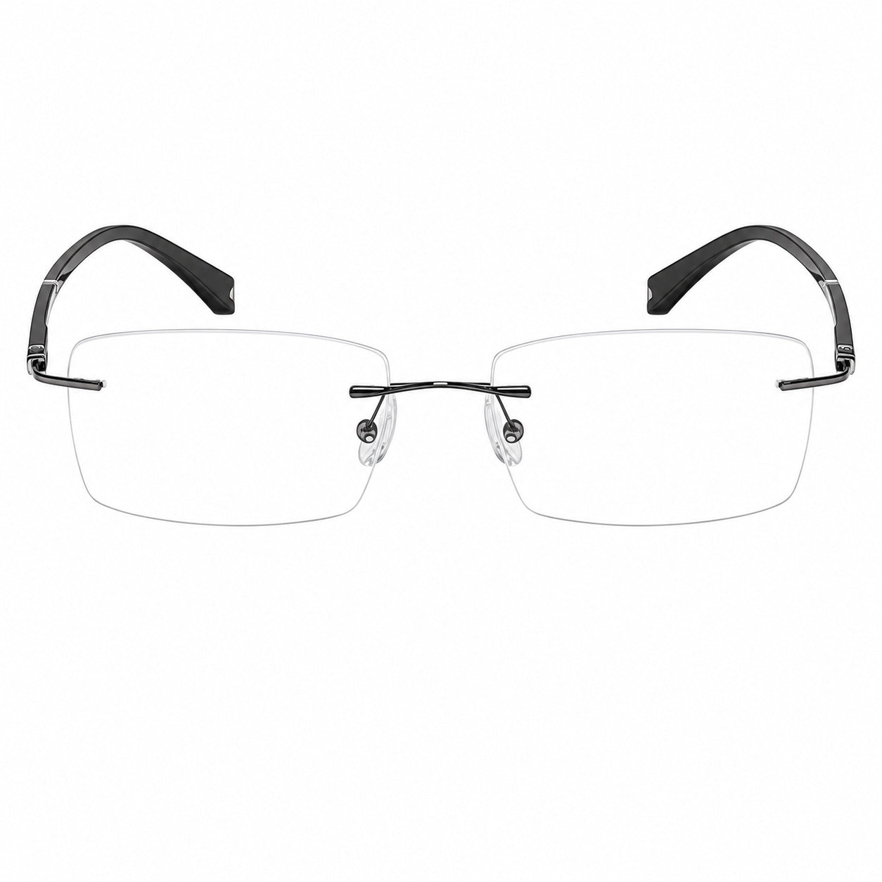 Gunmetal men's alloy rimless rectangular double-slot-temple glasses, front product view