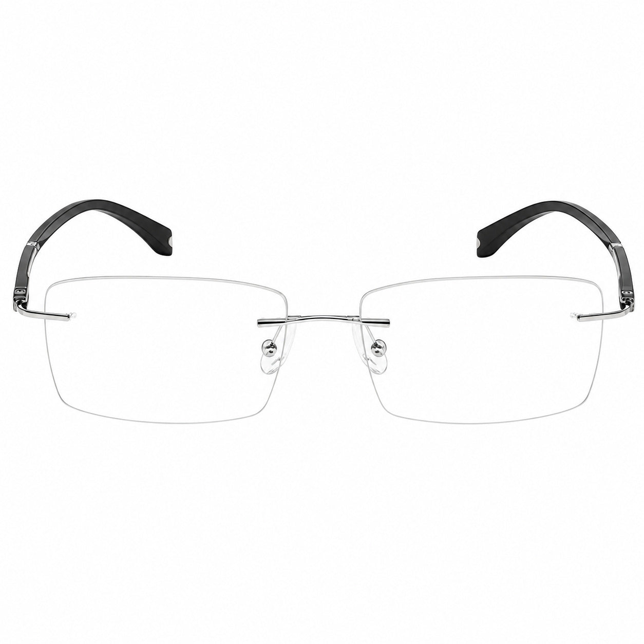 Silver men's alloy rimless rectangular double-slot-temple glasses, front product view
