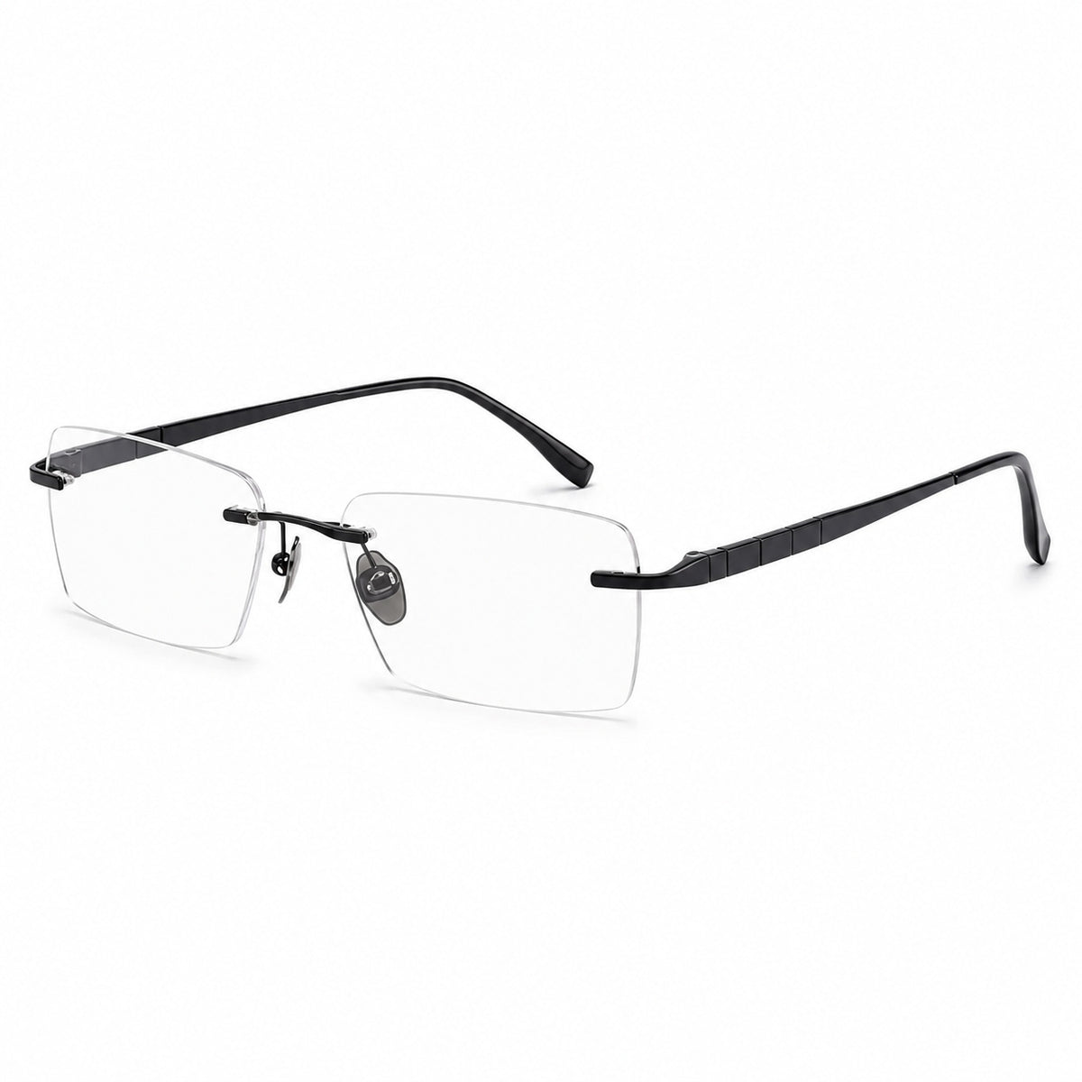 Black men's pure-titanium rimless rectangular segmented-temple glasses, 45-degree product view