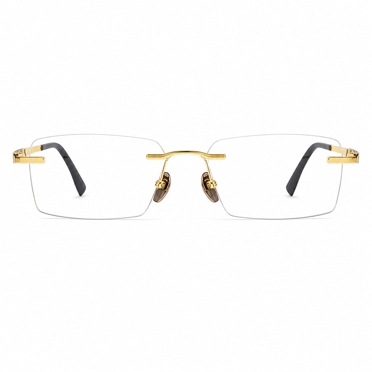Gold men's pure-titanium rimless rectangular segmented-temple glasses, front product view
