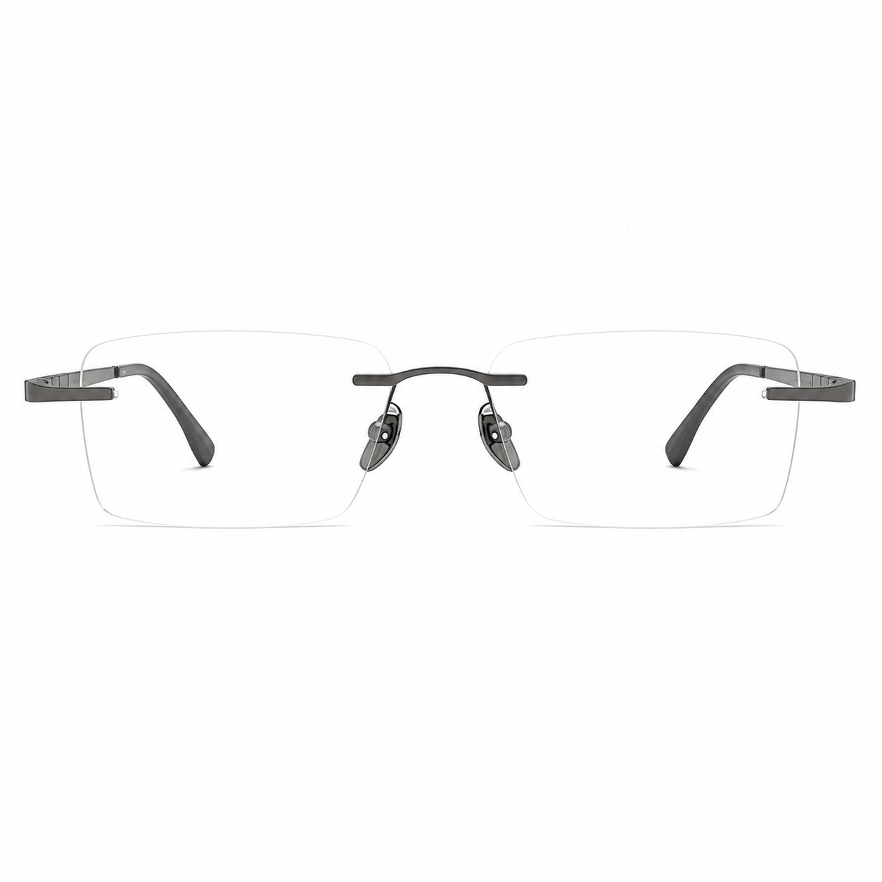 Gunmetal men's pure-titanium rimless rectangular segmented-temple glasses, front product view