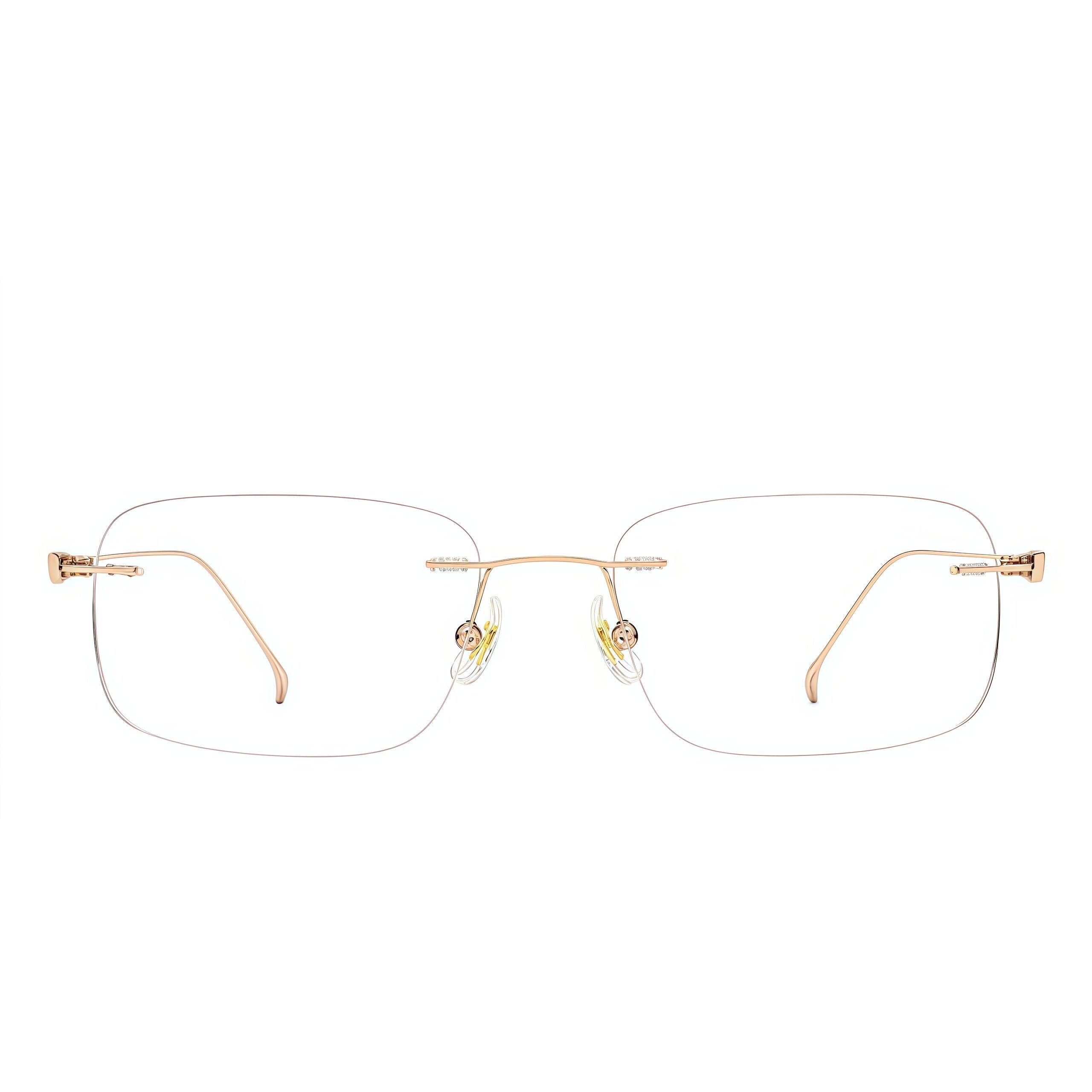 Rose Gold/Black women's lightweight titanium rimless rectangular glasses, front product view