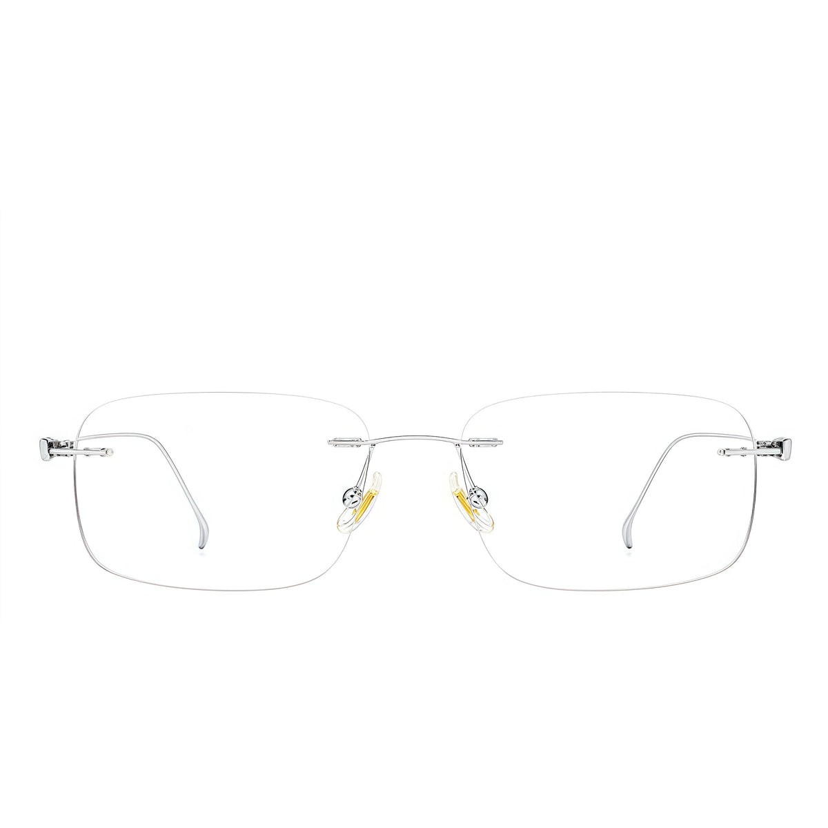 Silver women's lightweight titanium rimless rectangular glasses, front product view