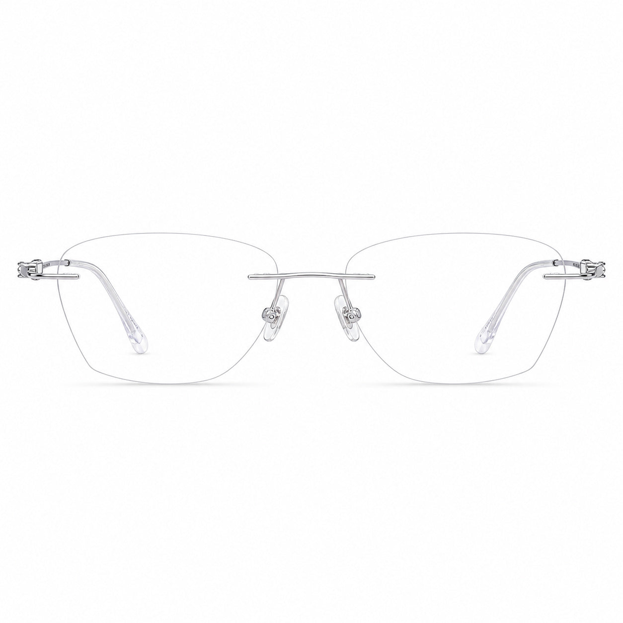 Silver women's half-titanium rimless rectangular glasses, front product view