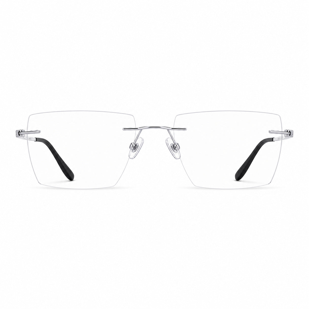 Silver men's half-titanium rimless rectangular glasses, front product view