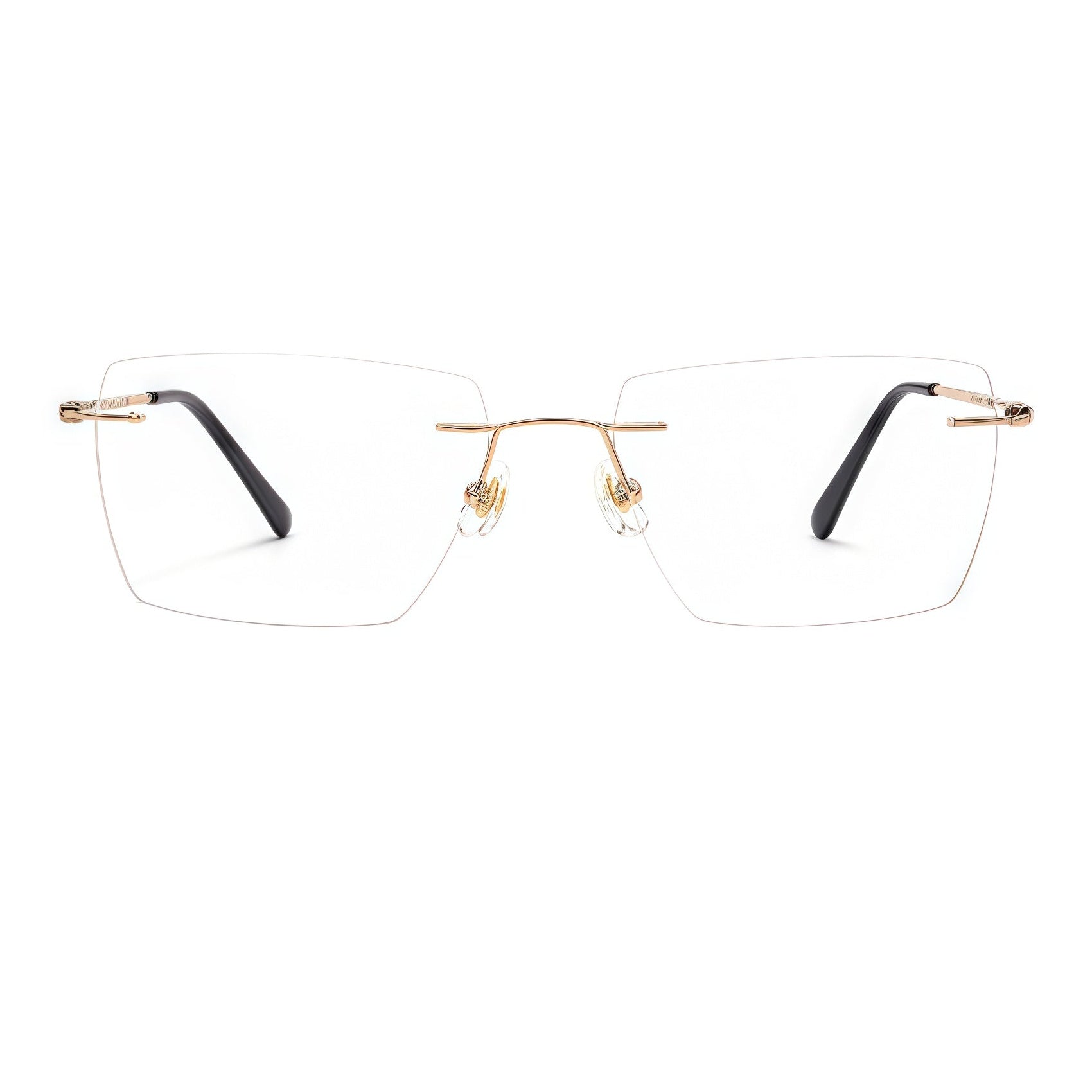 Gold men's titanium rimless rectangular glasses, front product view