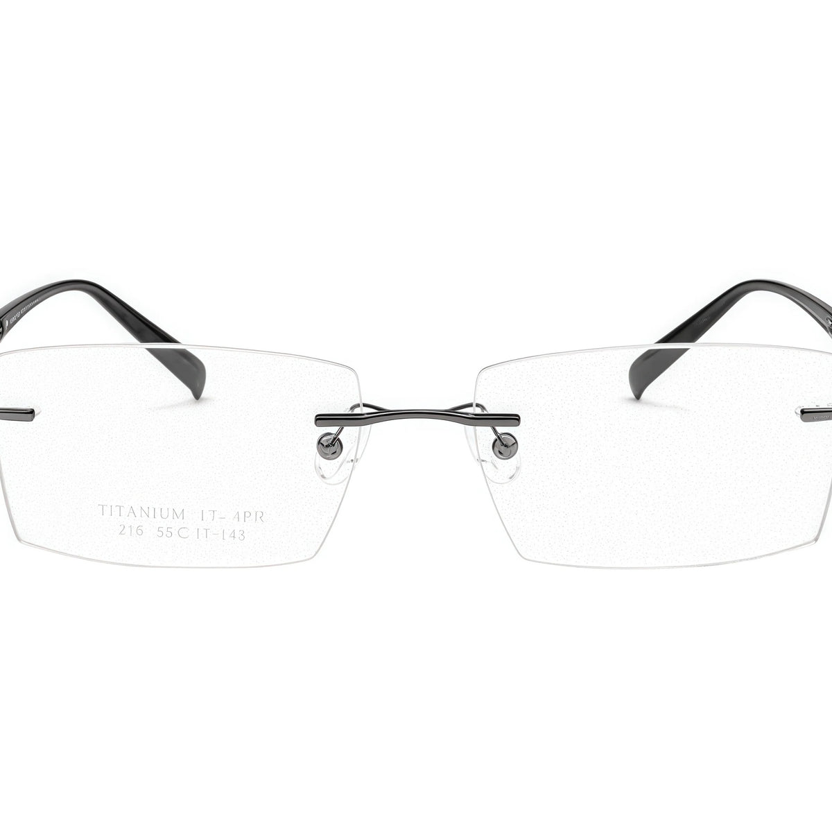 Gunmetal men's titanium rimless rectangular glasses, front product view