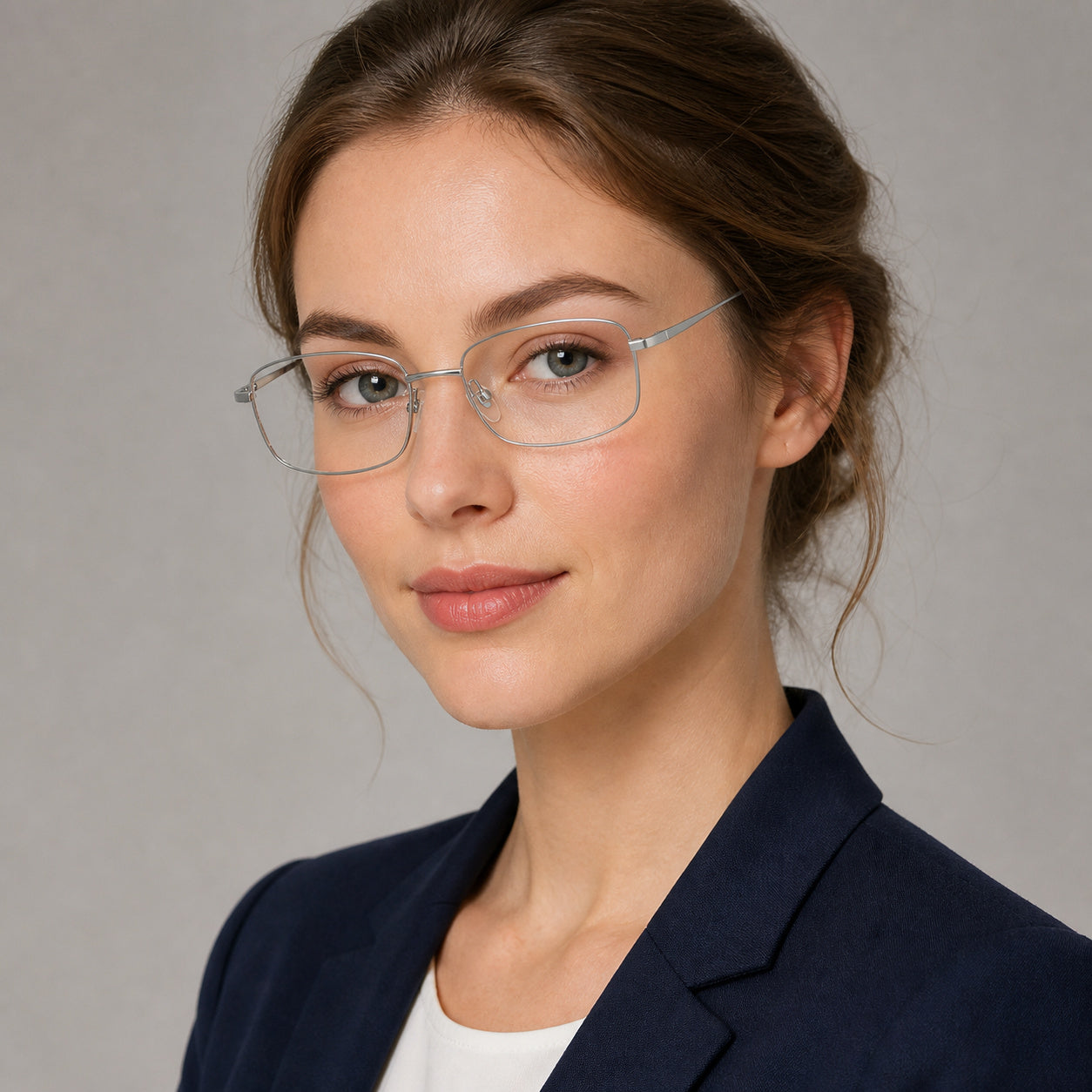 Silver narrow rectangular glasses worn by an attractive young adult White woman in a navy blazer