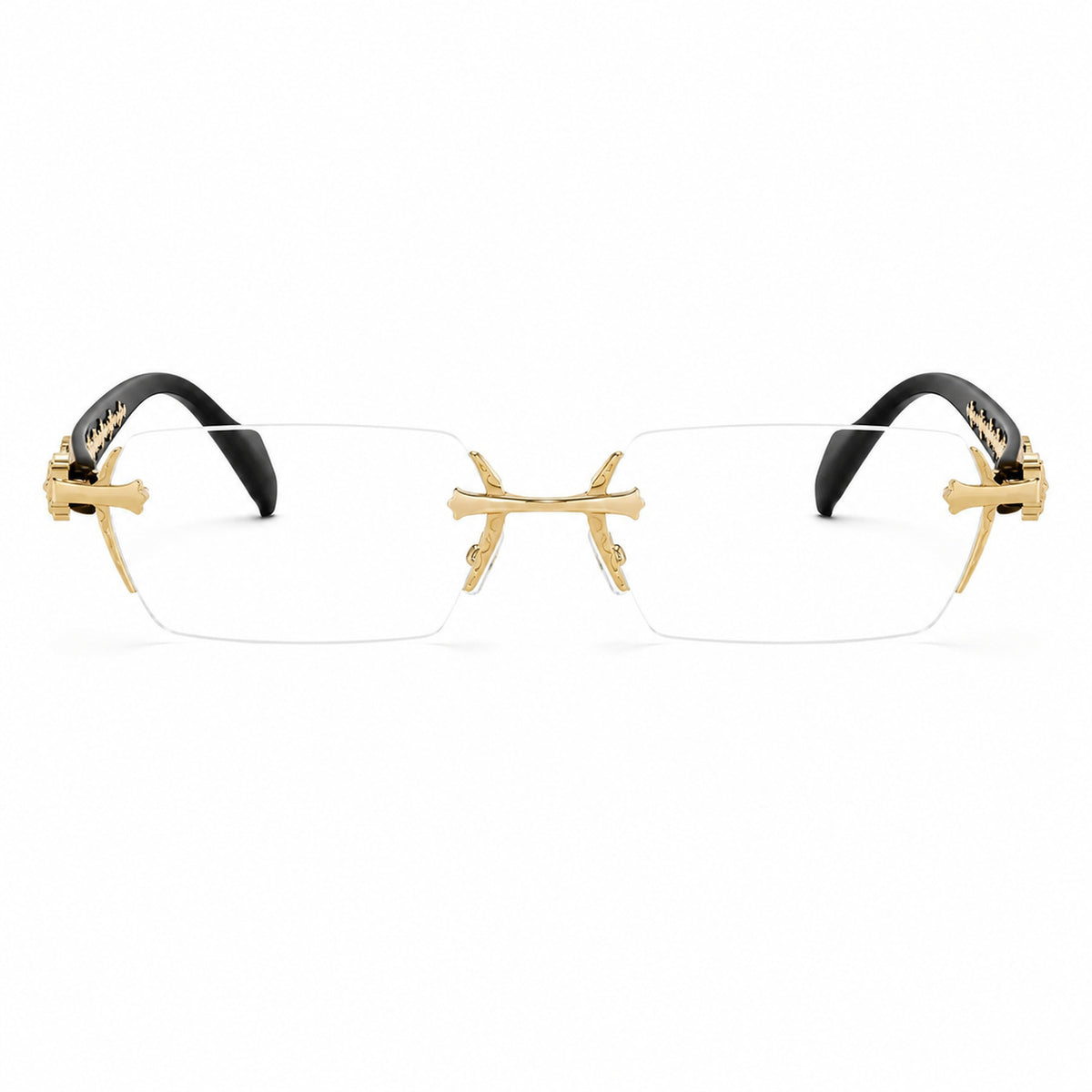 Gold women's ornate rimless alloy prescription glasses, front product view