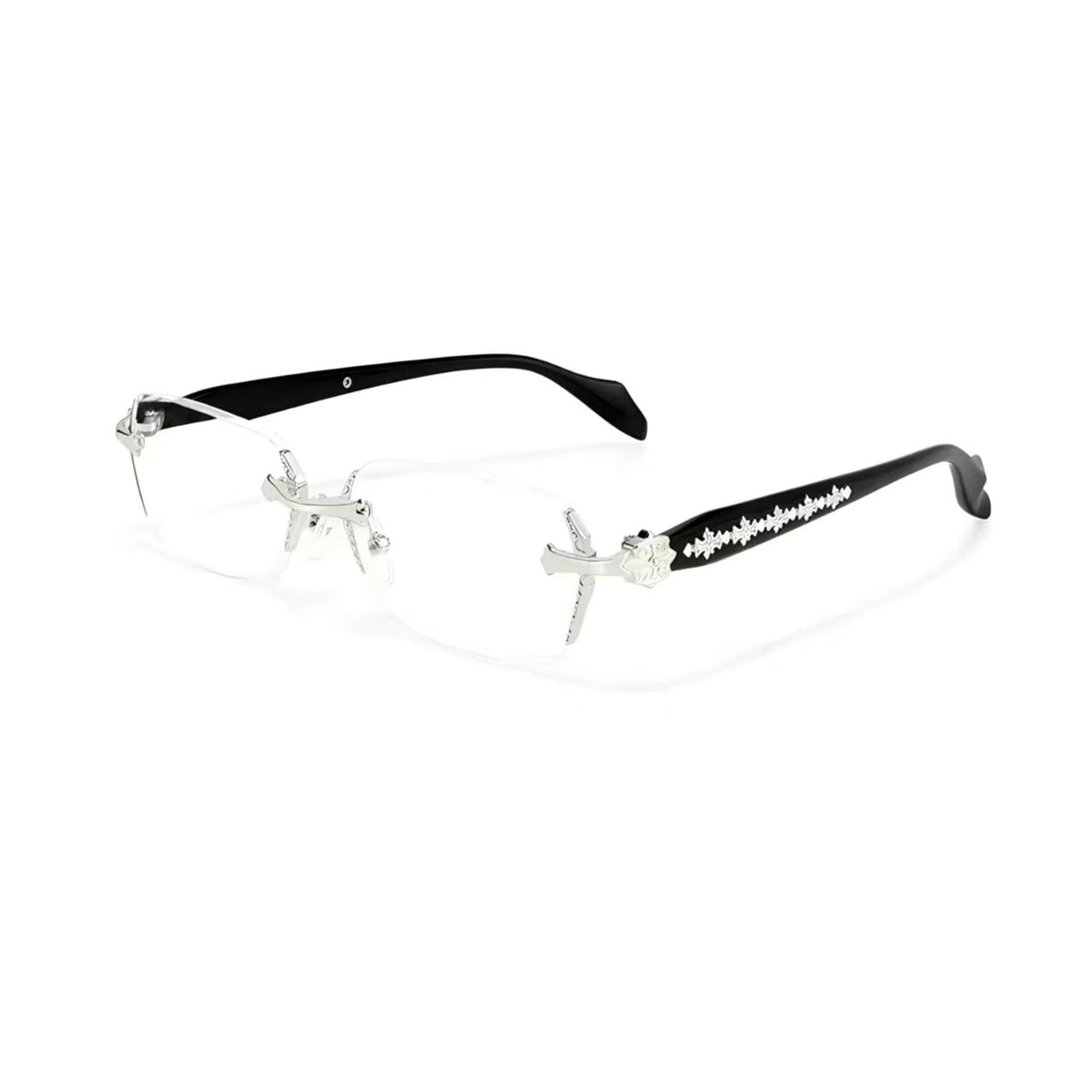 Silver women's ornate rimless alloy prescription glasses, 45-degree product view