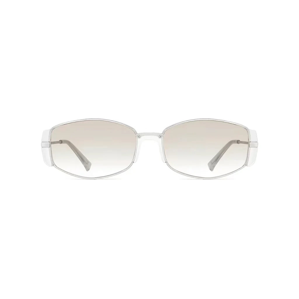 Silver women's narrow metal sunglasses, front product view