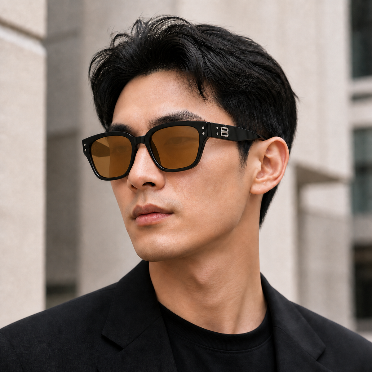 Men’s Amber Brown square sunglasses worn by an adult East Asian man