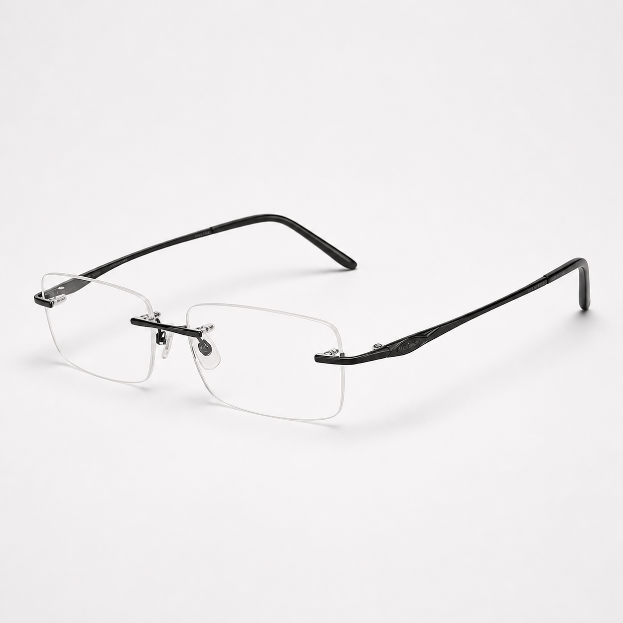 Black unisex pure titanium rimless shallow rectangular glasses, 45-degree product view