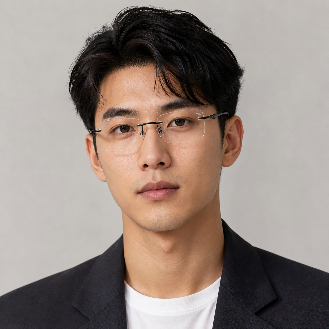Black unisex pure titanium rimless shallow rectangular glasses, adult model wearing view 1