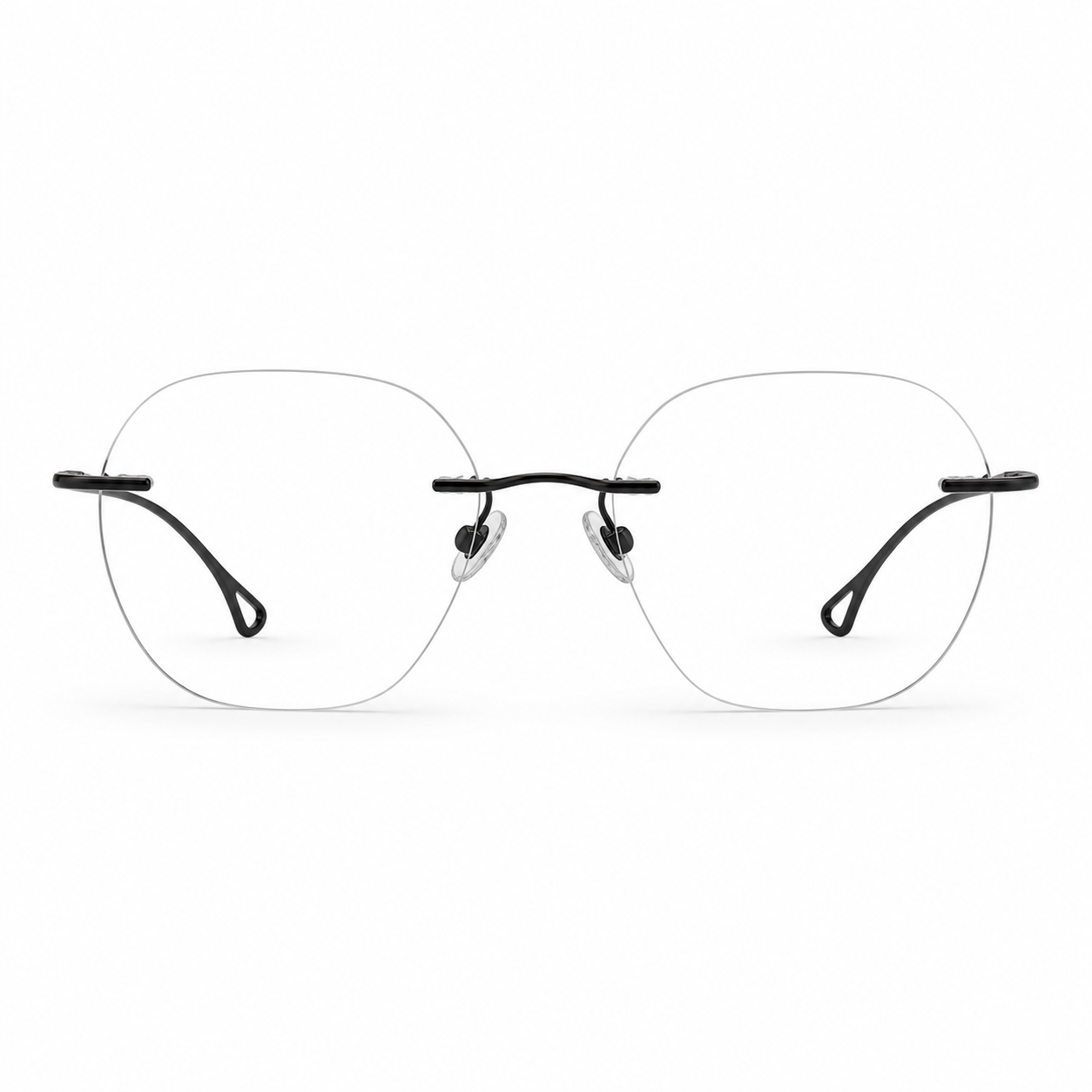Black Unisex Pure Titanium Rimless Rounded Glasses, clean front product view
