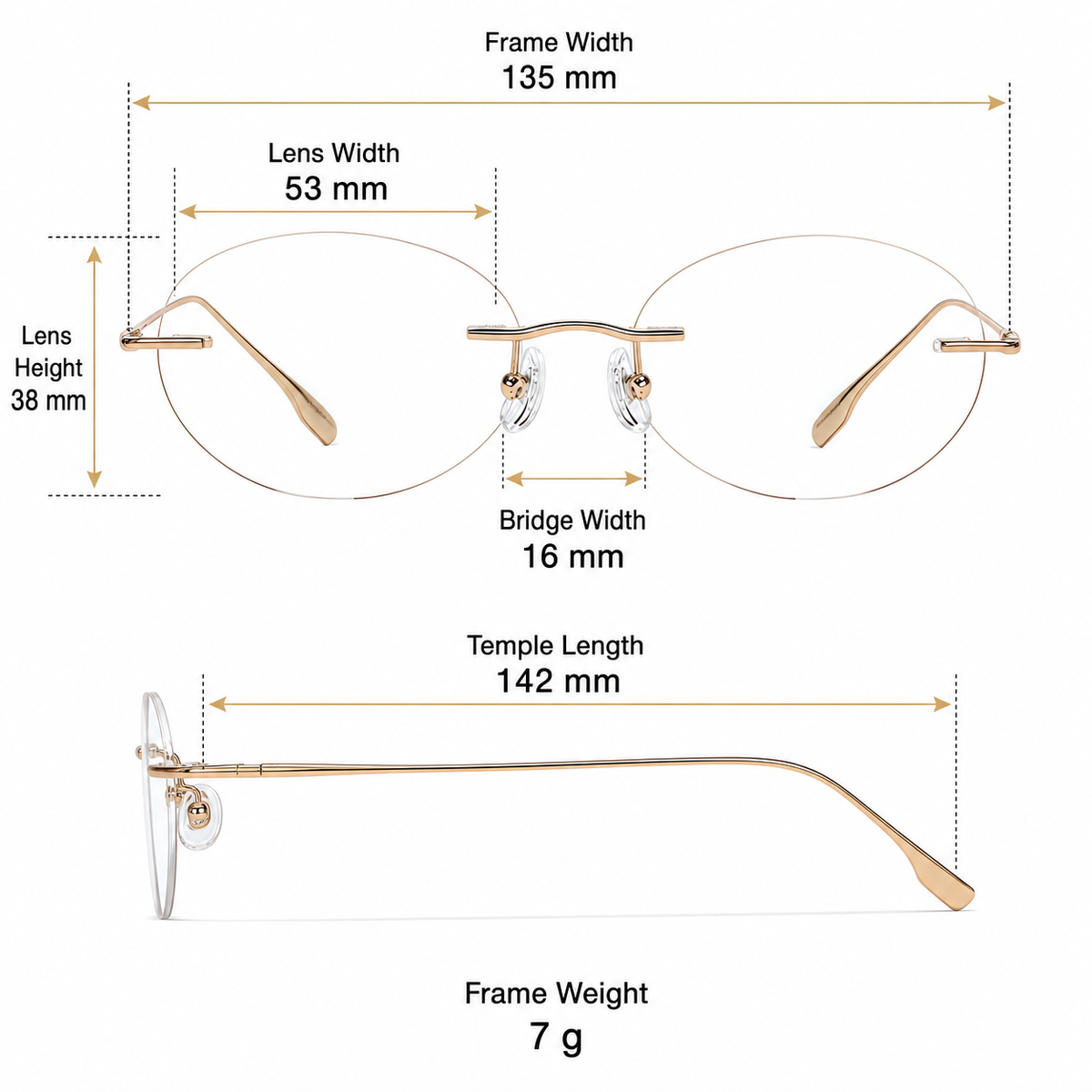 Gold Chic Minimalist Rimless Glasses measurement size guide