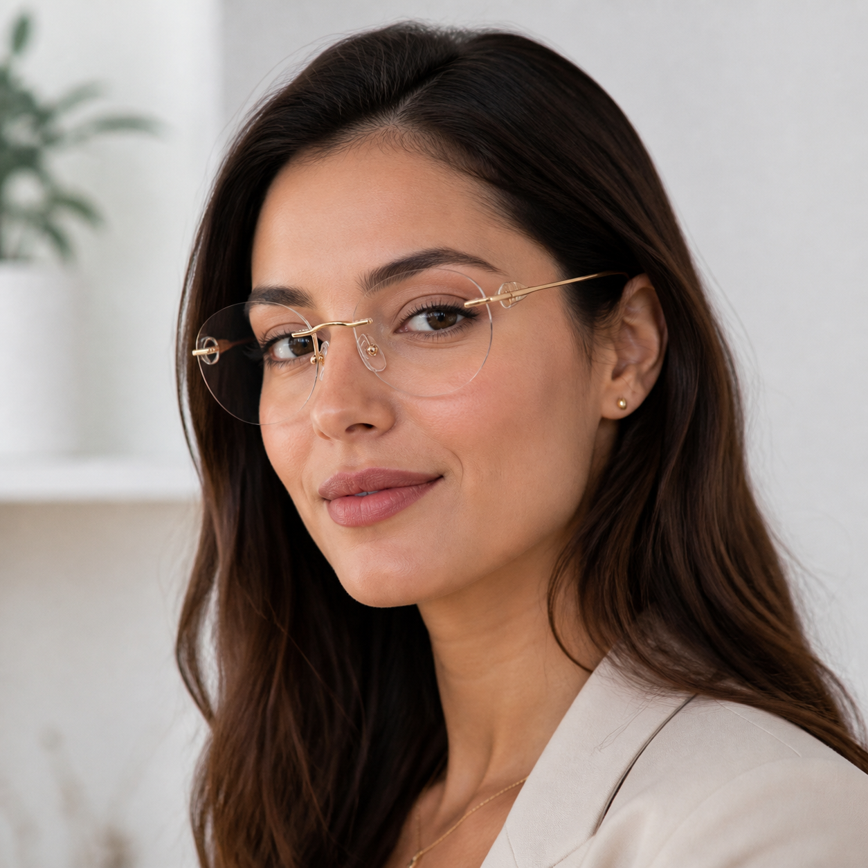 Adult model wearing Gold Chic Minimalist Rimless Glasses, lifestyle view 1