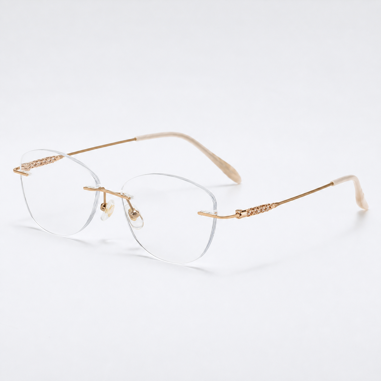 Gold unisex titanium alloy rimless soft geometric glasses, 45-degree product view
