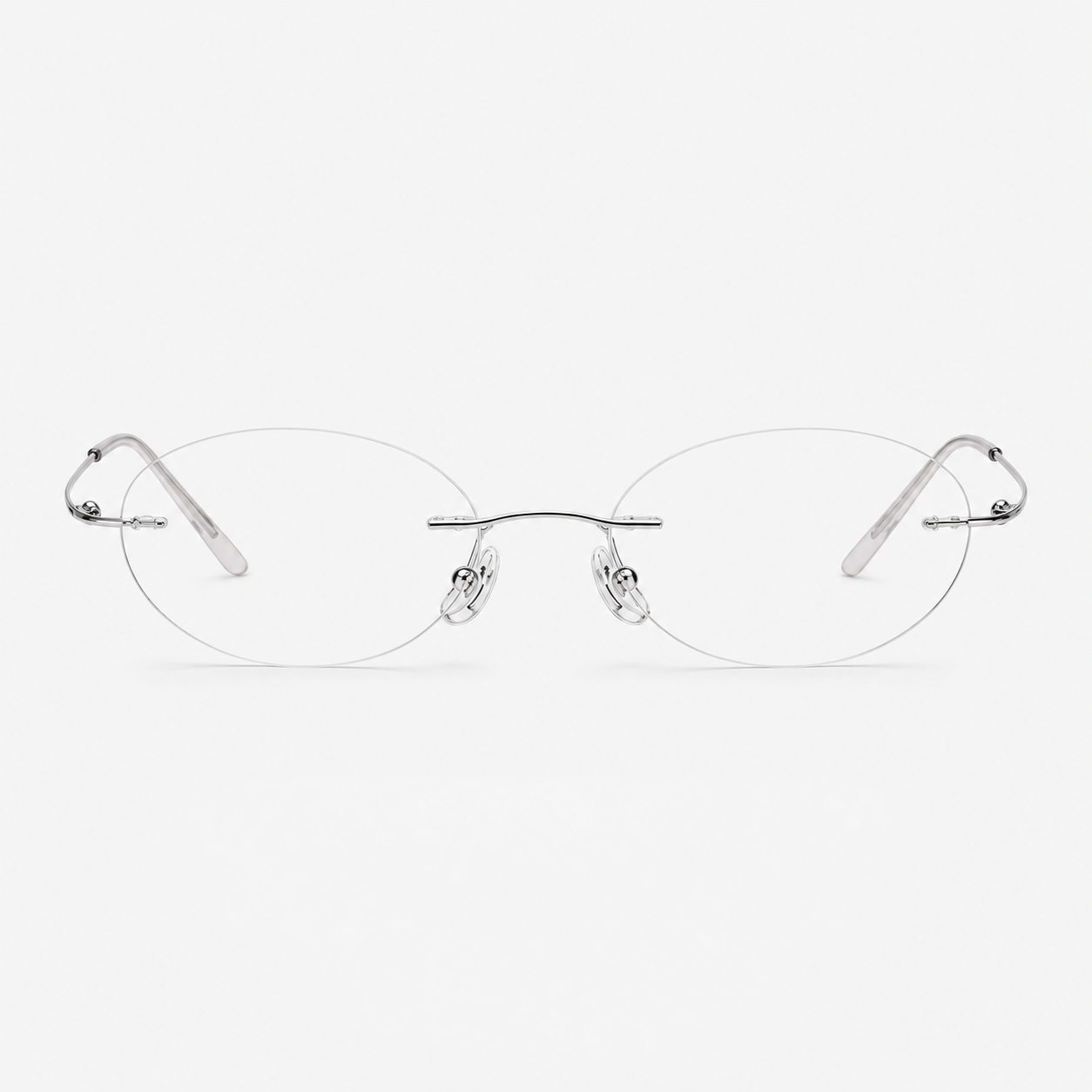 Silver women's titanium rimless oval glasses, front product view