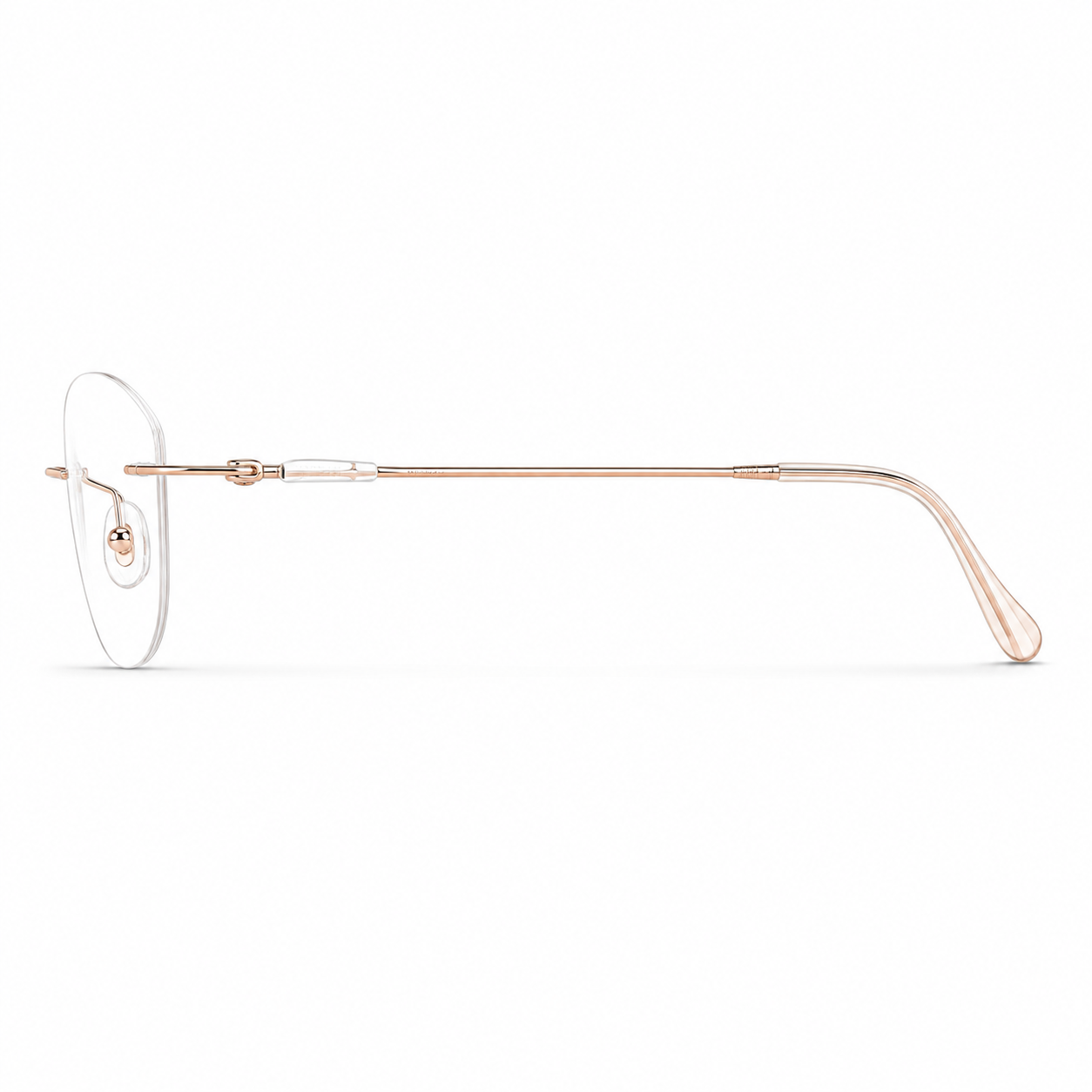 Rose Gold Women's Pure Titanium Rimless Cat-Eye Glasses, side temple product view