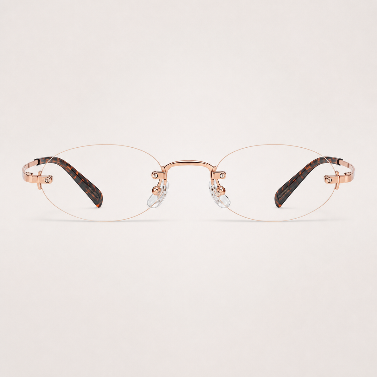 Rose Gold/Leopard women's titanium rimless narrow oval glasses, front product view